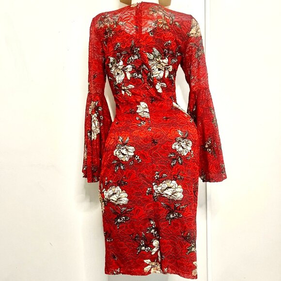 Vfshow Red Floral Lace Bodycon Dress Bell Sleeves Party Prom Dress Size Medium - Picture 2 of 15